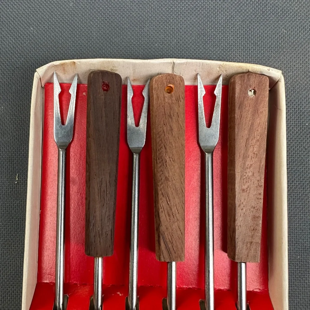 VTG Fondue Fork set of 6 Rosewood w/colored ends / Made in Japan MCM Mid Century
